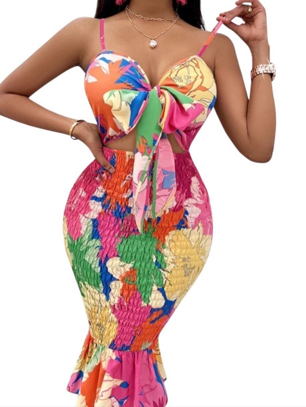 Blue Zone Planet Tropical Floral Smocked Cutout Bodycon Mermaid Dress. L